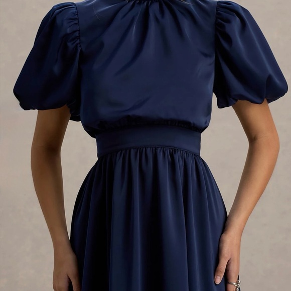 NWT Club L London Persea Navy Satin Puff-Sleeve Wedding Guest Midi Dress - Picture 3 of 9